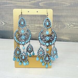 Turquoise Color Faceted Bead Large Dangle Statement Earrings